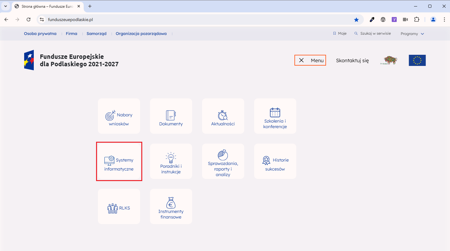 Screen przedstawiający menu strony funduszeuepodlaskie.pl