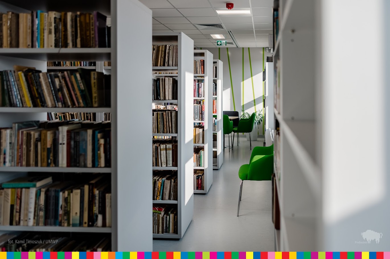 Sala biblioteczna z regałami pełnymi książek