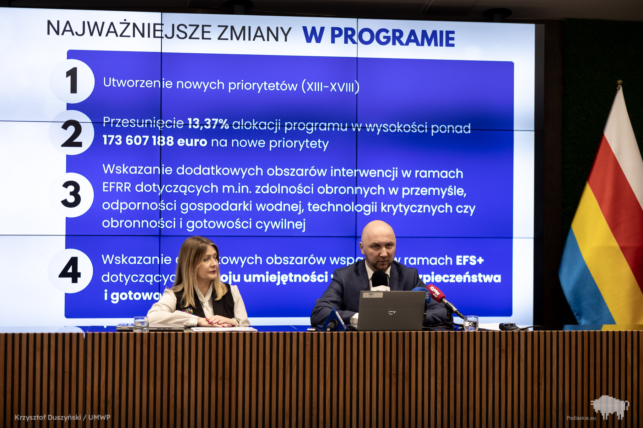 Marszałek województwa Podlaskiego wraz z Dyrektor Departamentu podczas konferencji